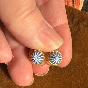 Elegant Gold Murano Glass Blue and White Striped Stud Earrings